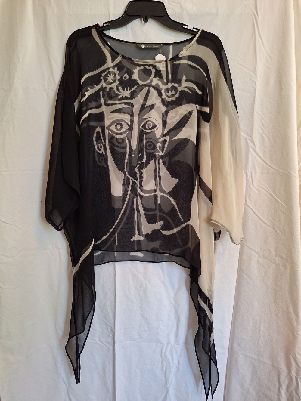 Cocoon House Womens 100% Silk Art To Wear Sheer Blouse Size S/M Black White
